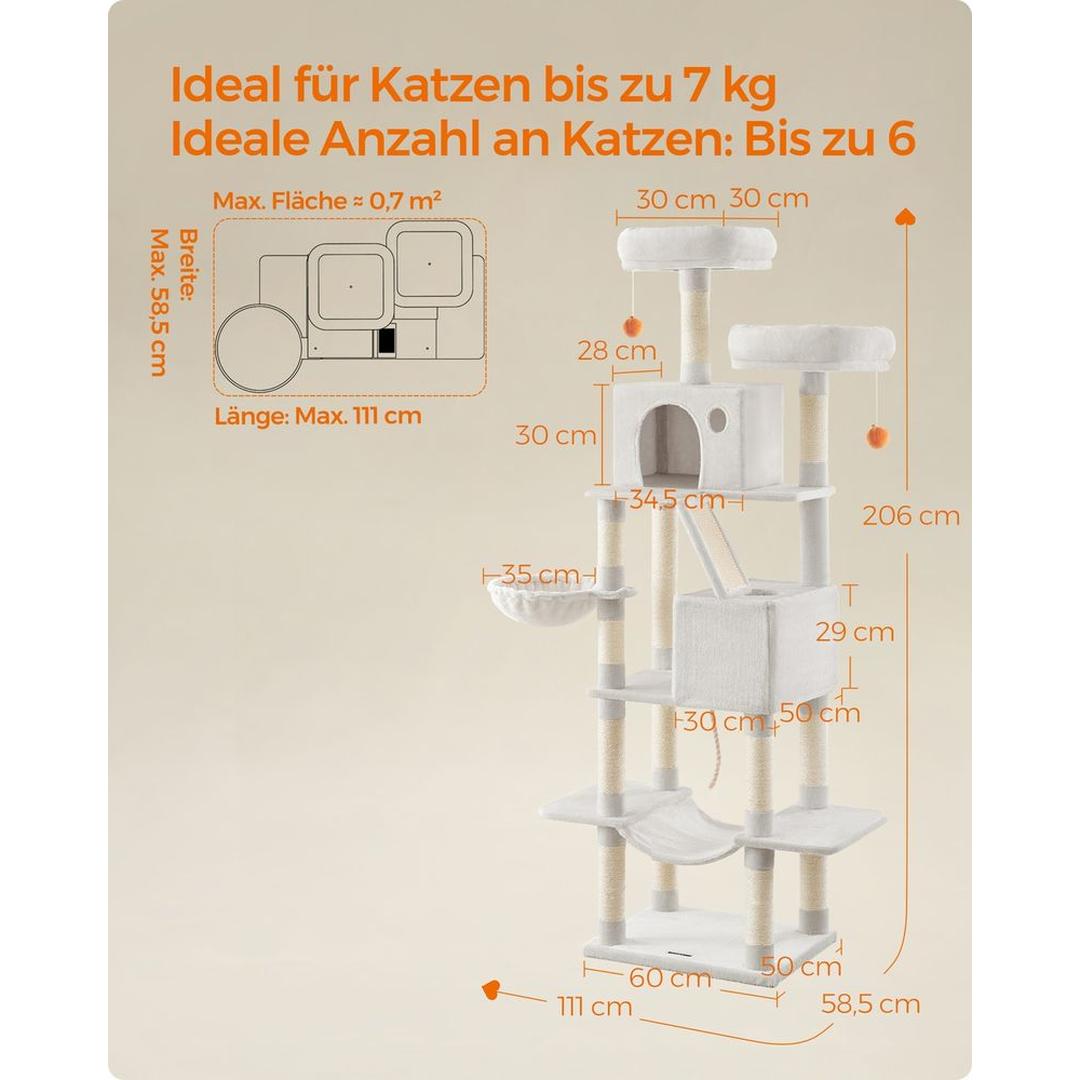 XXL Krabpaal 206 cm Hoog – Kattenkrabpaal met Meerdere Plateaus, Sisal Krabzuilen en Hangmat