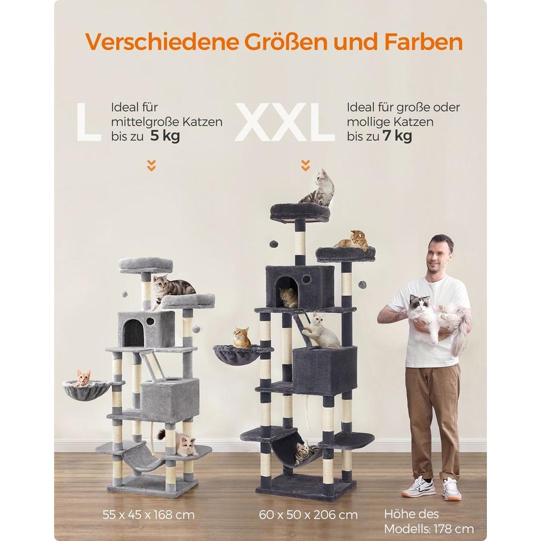XXL Krabpaal 206 cm Hoog – Kattenkrabpaal met Meerdere Plateaus, Sisal Krabzuilen en Hangmat