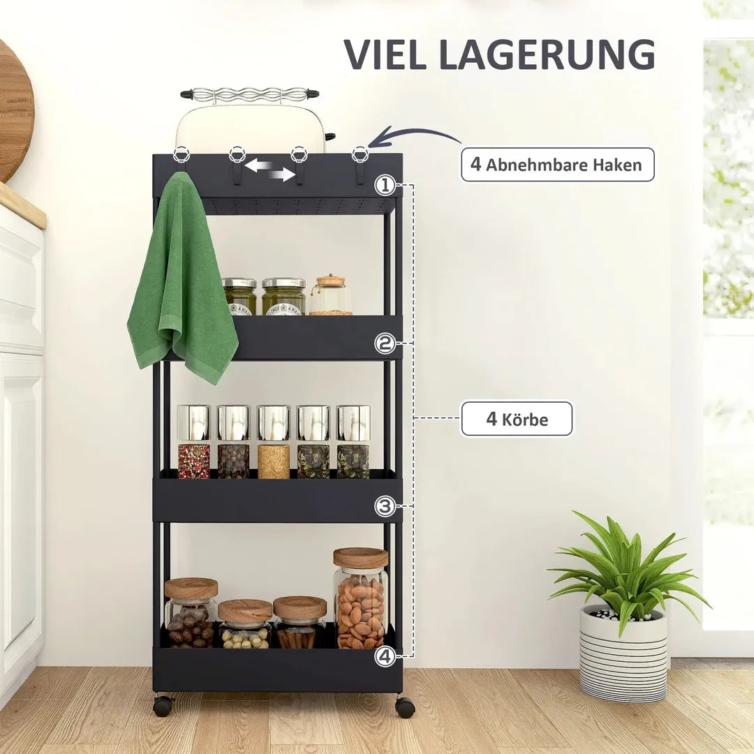 Keukenwagen met 4 legplanken en 4 haken – op wielen – Grijs – 40 × 19 × 90 cm