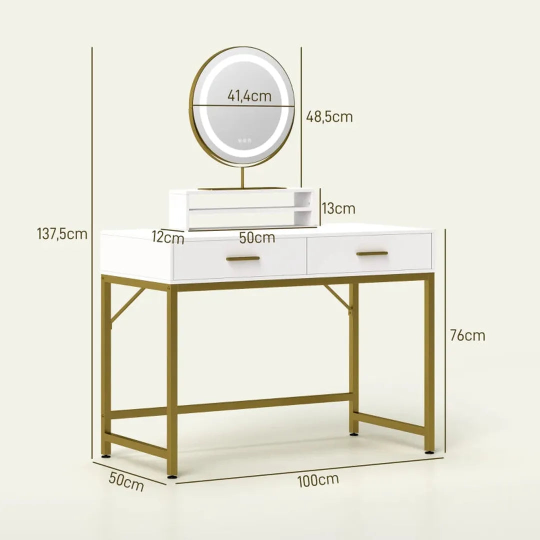 Kaptafel met verlichte spiegel – 3 lichtstanden – 10 lampjes – lades – modern – wit