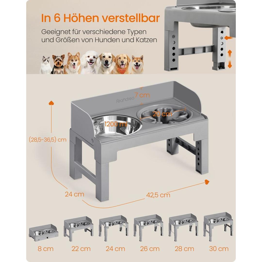 Verstelbare hondenvoerbak – 6 hoogten, inklapbaar, met 2 RVS voerbakken en slow-feeder, antislip