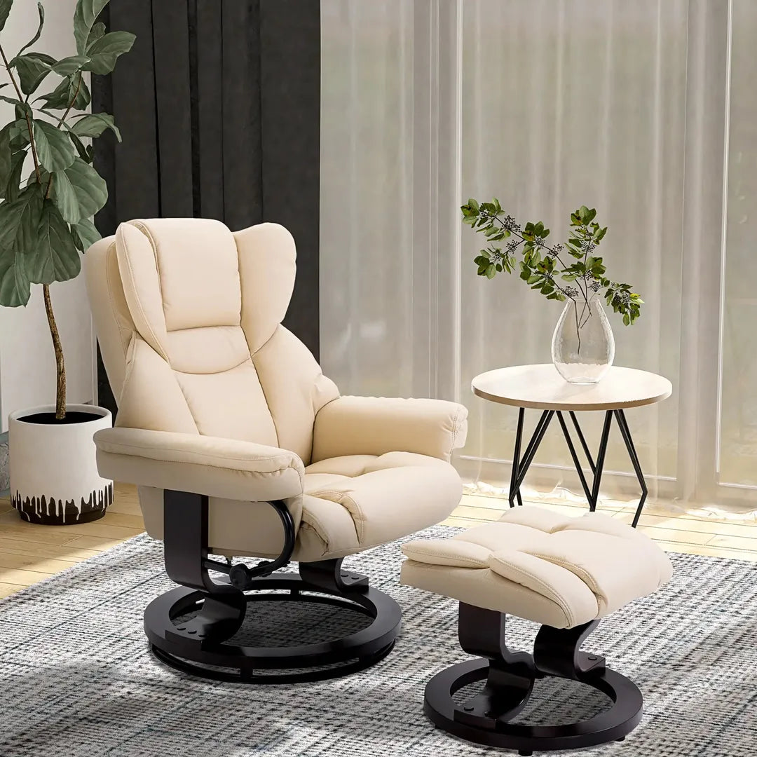 Fauteuil met Hocker – Draaibare Relaxstoel met Ligfunctie van Kunstleer en Metalen Frame, Crème, 80 x 79 x 100 cm
