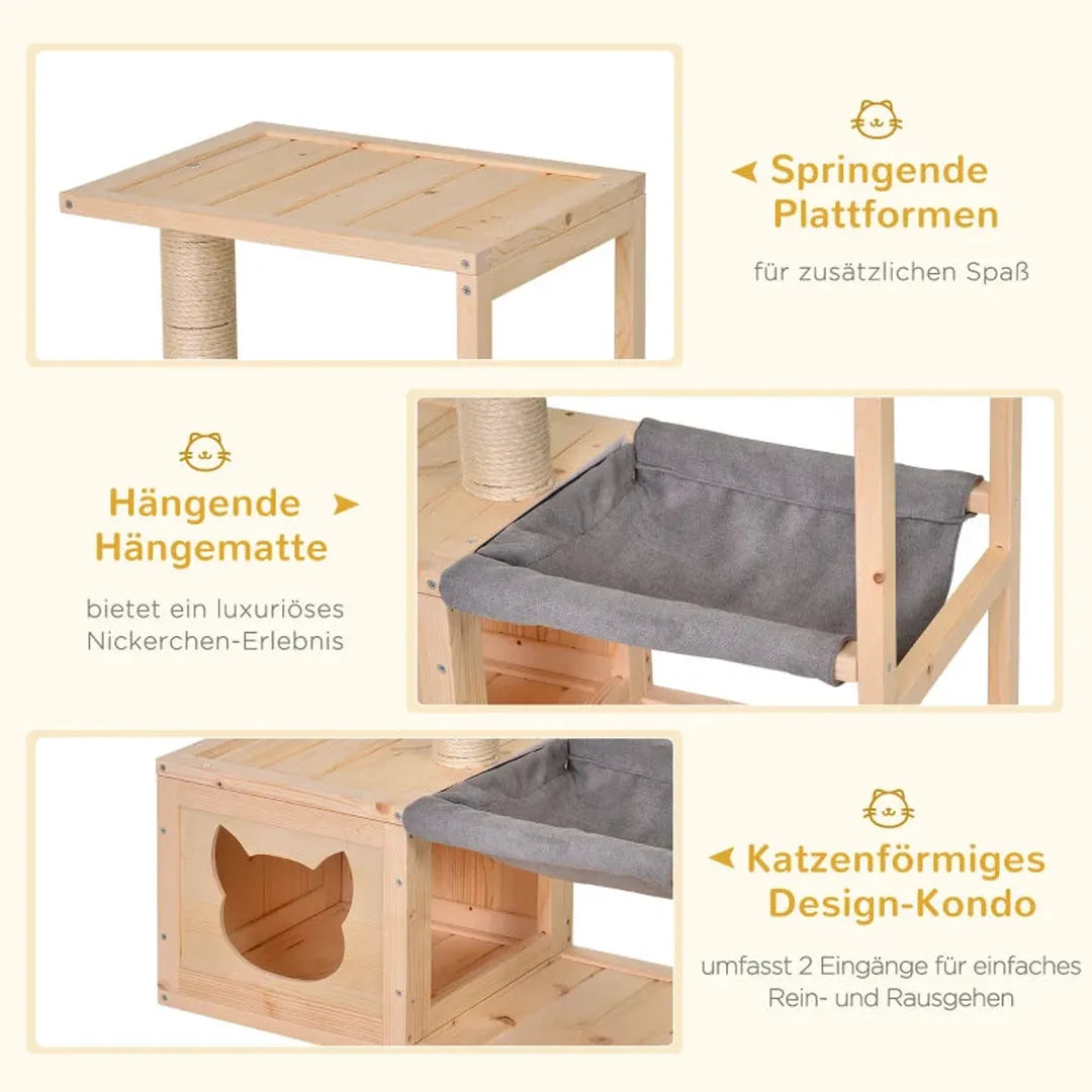 Kattenhuis met hangmat – kattenverblijf met sisal krabpaal – kattenboom van grenenhout – naturel – 70 x 35 x 60 cm