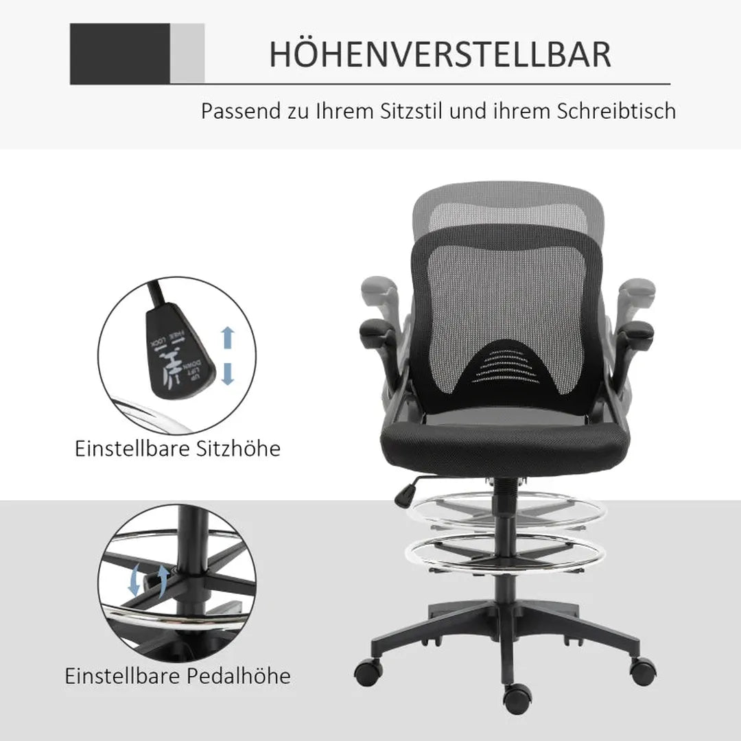 Bureaustoel zwart – Schreibtischstoel met verstelbare hoogte, voetsteun en draaibare zitting, 64x60x106-126 cm staal