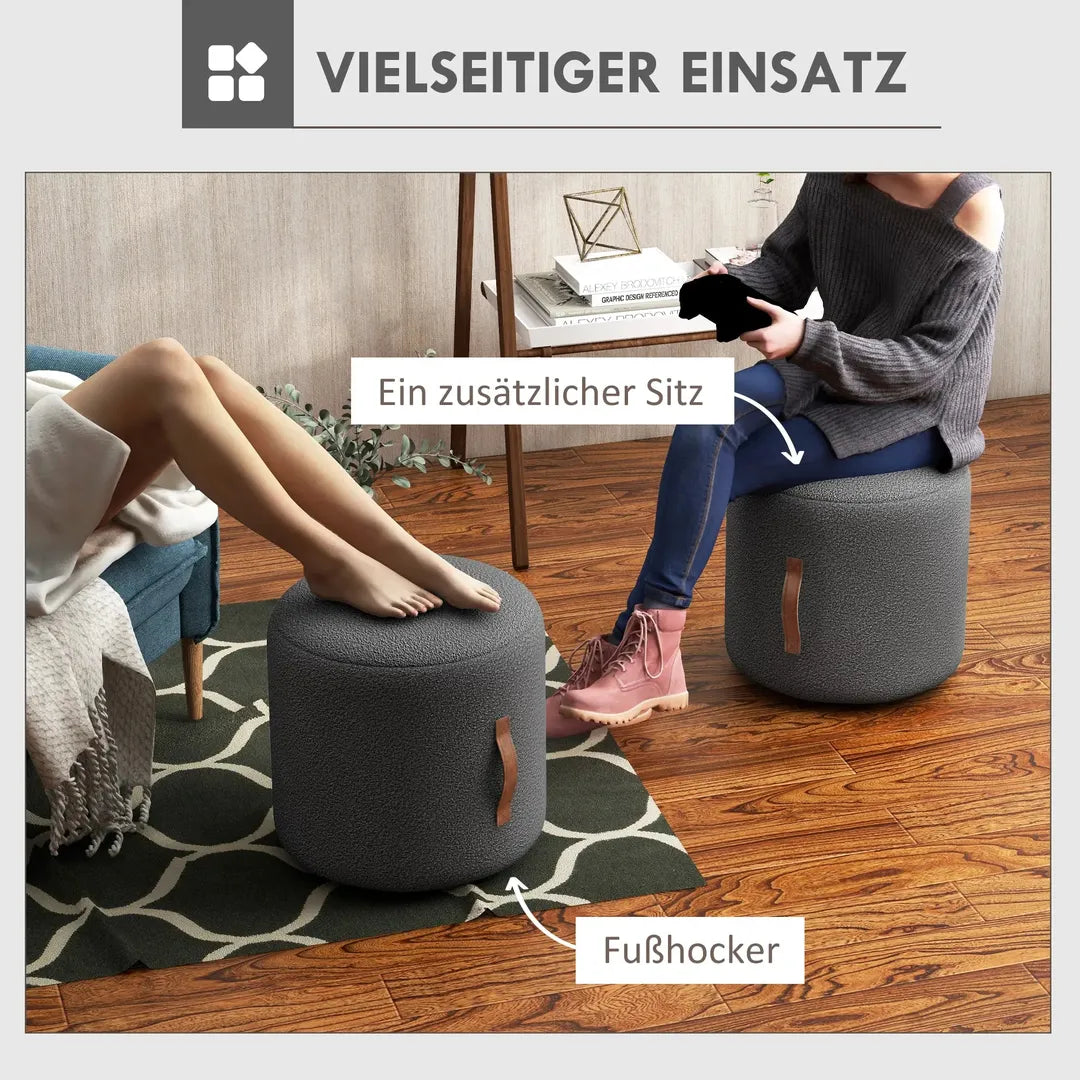Poef – Moderne Voetenbank – Donkergrijs met Bruin – Stoffen Bekleding en Houten Poten