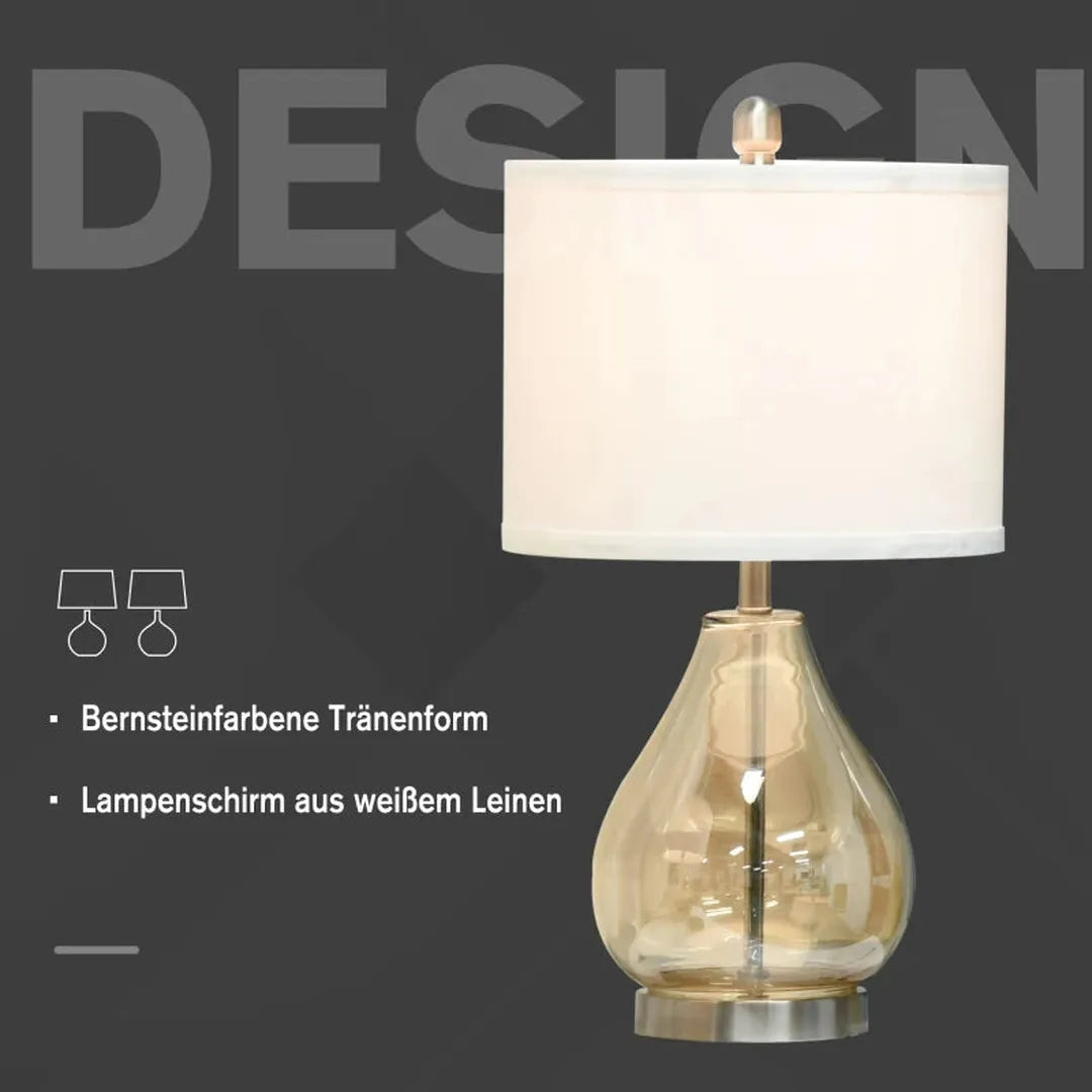 Set van 2 tafellampen – E27 fitting – amberkleurig glas en linnen – metalen voet – Ø30 x 56 cm