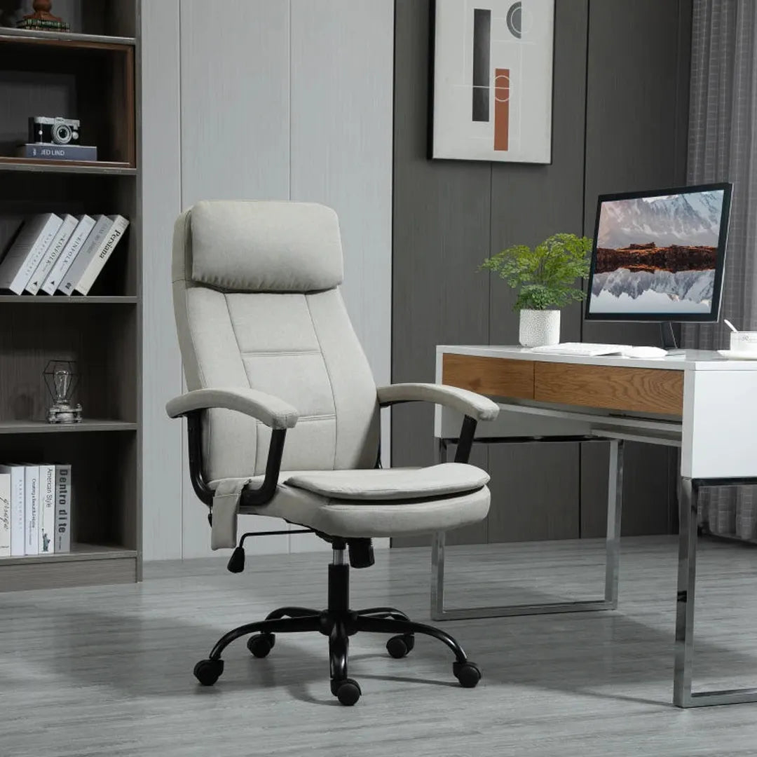 Bureaustoel met massagefunctie – in hoogte verstelbaar – draaibaar – lendensteun – beige linnen look – 63 x 70 x 112-121 cm