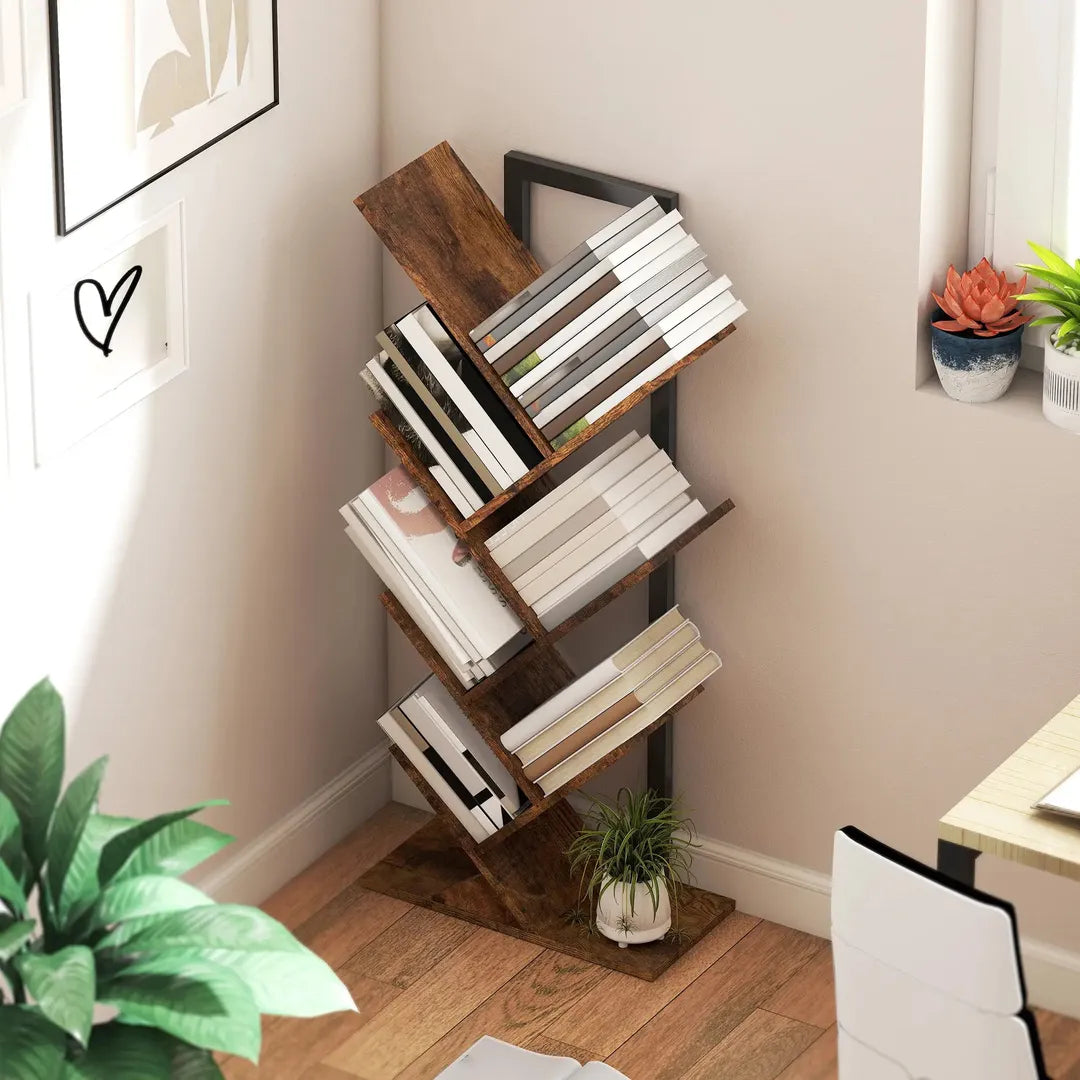 Boekenkast in boomvorm met 7 niveaus – smal staand boekenrek met stalen frame, rustiek bruin