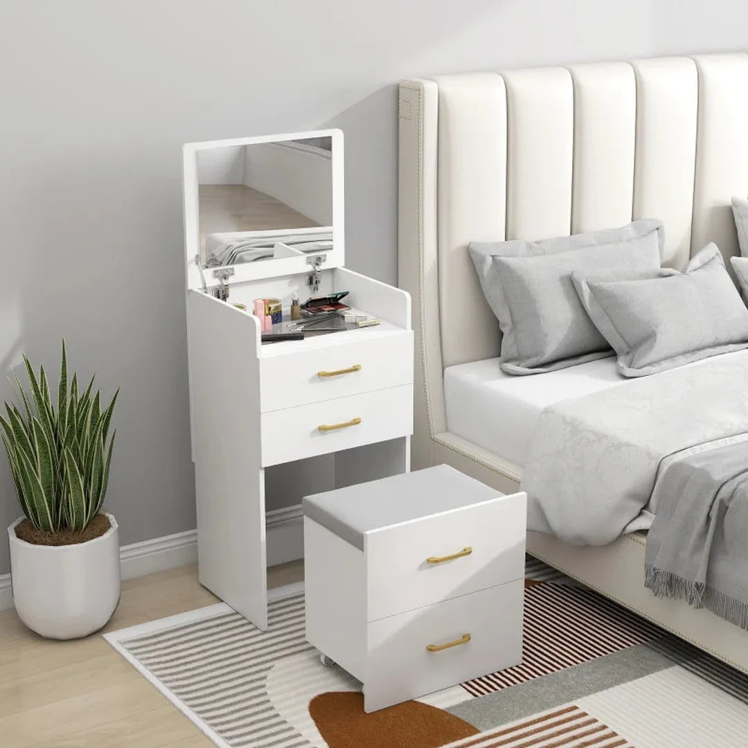 3-in-1 kaptafel met spiegel – nachtkastje en rollende kruk – met lades – wit