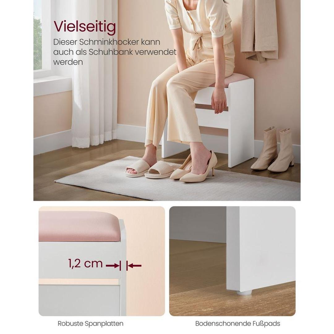 Make-up kruk met velvet zitting – roze bekleding – witte houten poef – draagkracht 120 kg