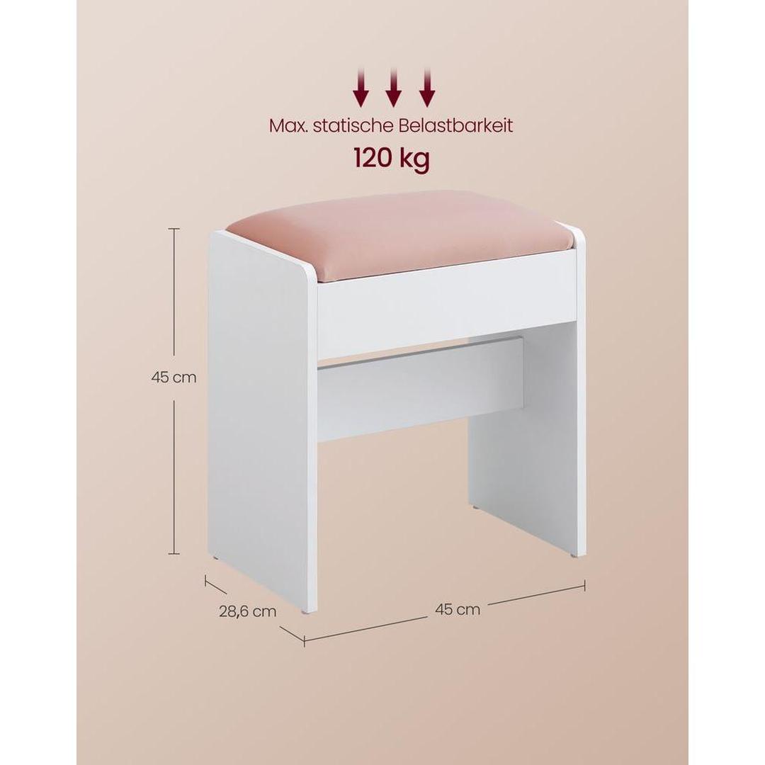 Make-up kruk met velvet zitting – roze bekleding – witte houten poef – draagkracht 120 kg