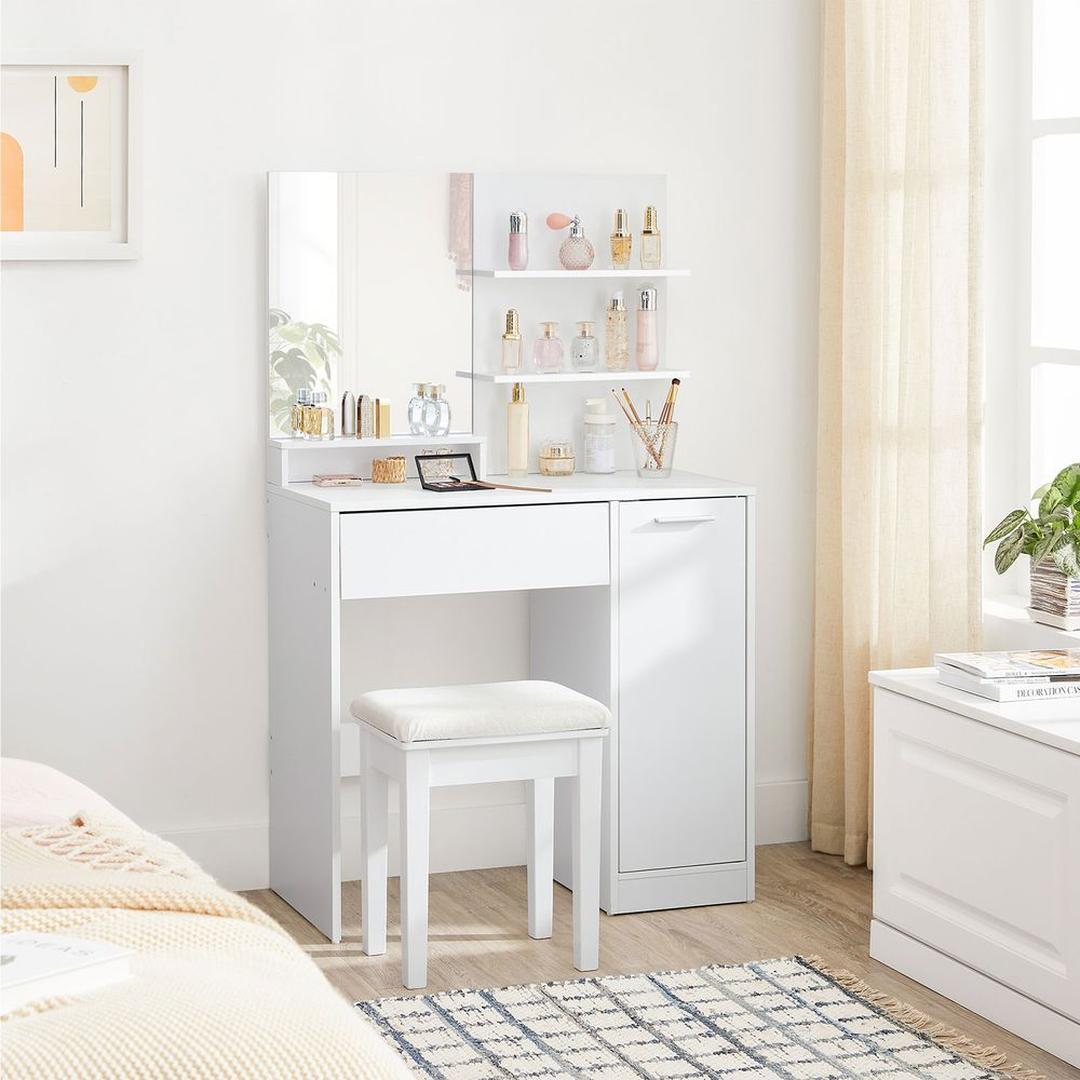 Witte Kaptafel met Opbergplanken en Lade – Make-uptafel met Spiegel en Opbergruimte