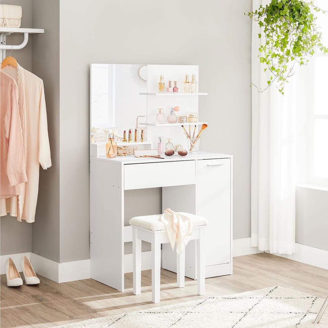 Witte Kaptafel met Opbergplanken en Lade – Make-uptafel met Spiegel en Opbergruimte