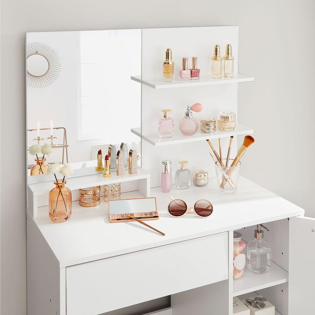 Witte Kaptafel met Opbergplanken en Lade – Make-uptafel met Spiegel en Opbergruimte