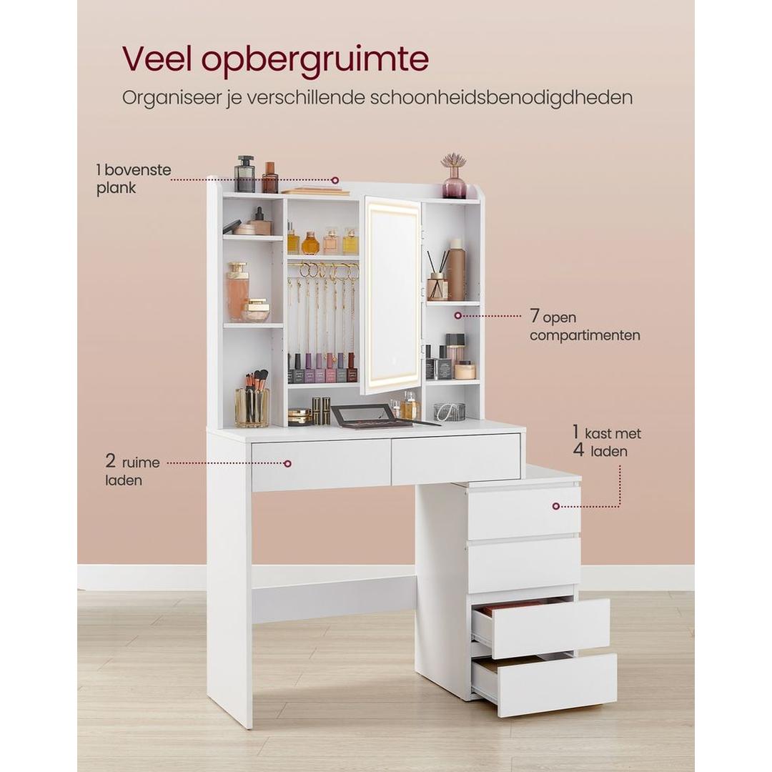 Kaptafel met LED Verlichting – 3 Lichtstanden, 6 Lades en Hoogteverstelbare Legplanken met Spiegel