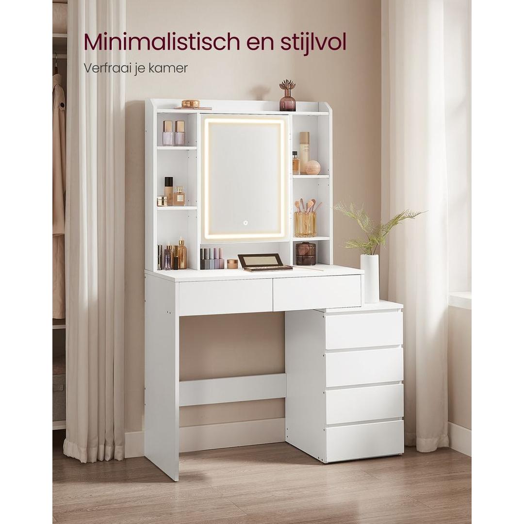 Kaptafel met LED Verlichting – 3 Lichtstanden, 6 Lades en Hoogteverstelbare Legplanken met Spiegel