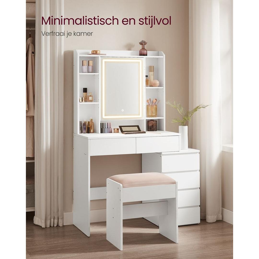 Kaptafel met Spiegel en LED Verlichting – Make-uptafel met Verstelbare Legplanken en Meerdere Opbergvakken