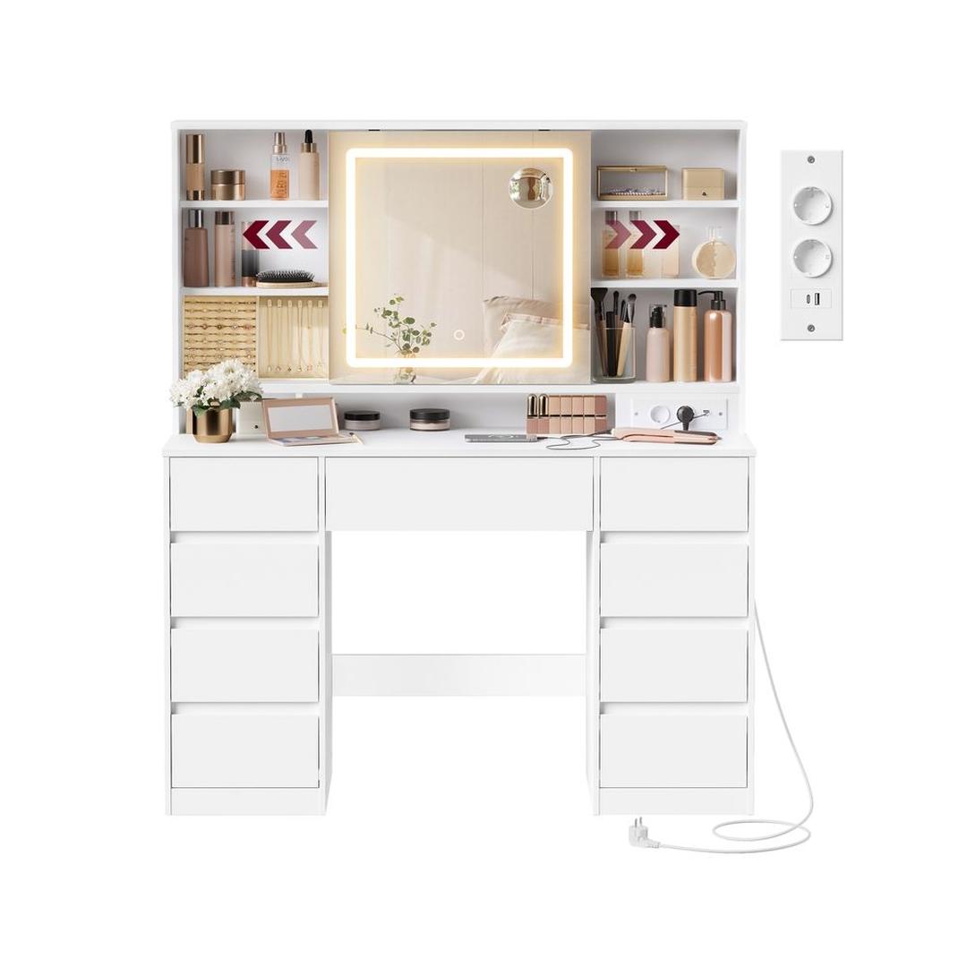 Kaptafel met Spiegel en LED-verlichting – Make-uptafel met 9 Lades, Open Vakken en Verstelbare Planken in Wolkenwit