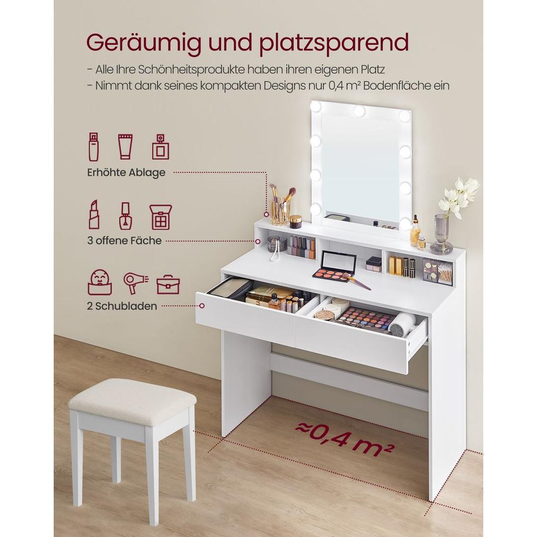 Kaptafel met LED-verlichting – Moderne Make-uptafel in Wit met Spiegel en Kantelbeveiliging