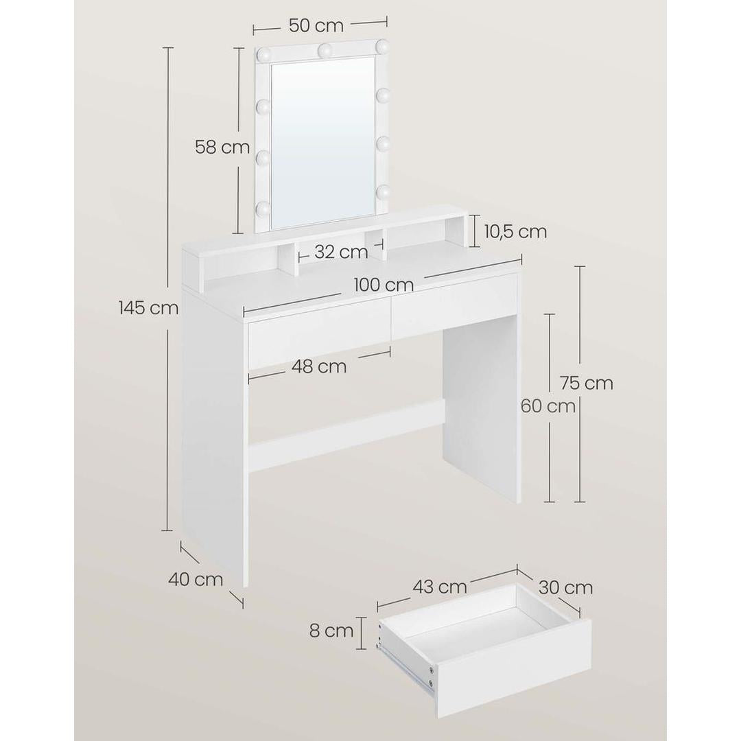 Kaptafel met LED-verlichting – Moderne Make-uptafel in Wit met Spiegel en Kantelbeveiliging