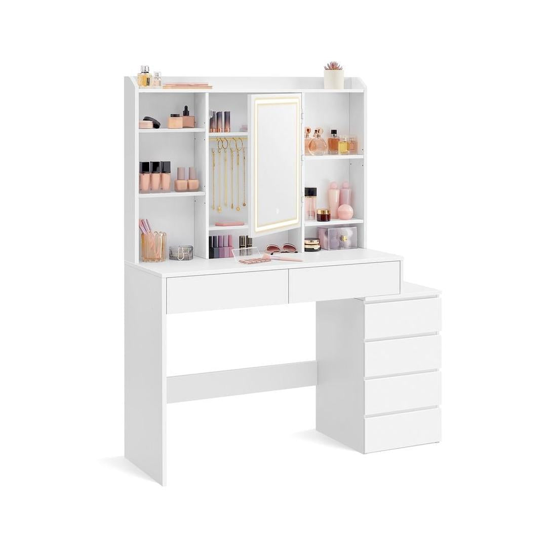 Make-up Tafel met LED Verlichting – Kaptafel met Spiegel en 17 Opbergvakken, Verstelbare Legplanken