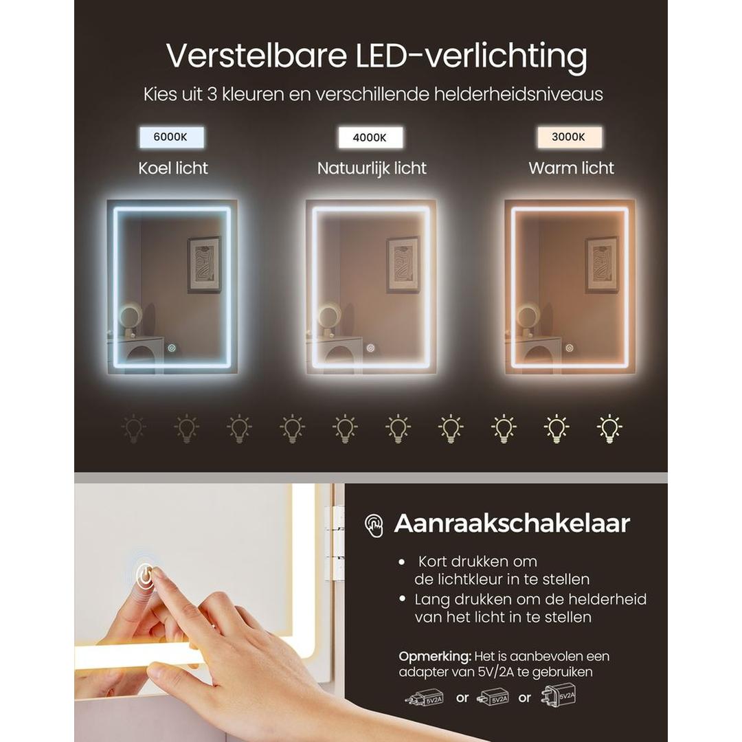 Make-uptafel met LED Verlichting – Kaptafel met Spiegel, 17 Opbergvakken en Verstelbare Legplanken