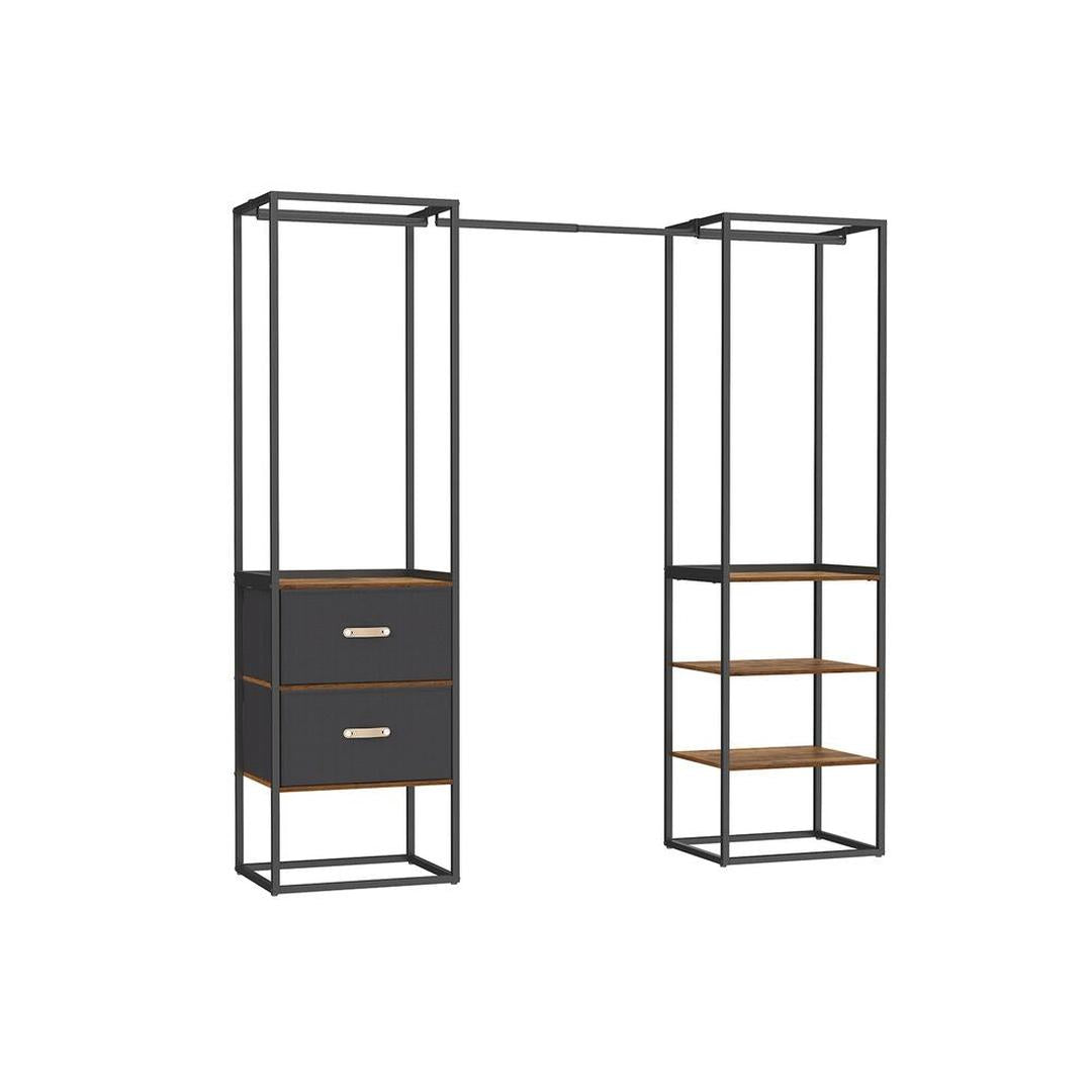 Kledingrek met 2 Lades en 4 Legplanken – Open Garderobekast van Staal en Spaanplaat in Vintage Bruin