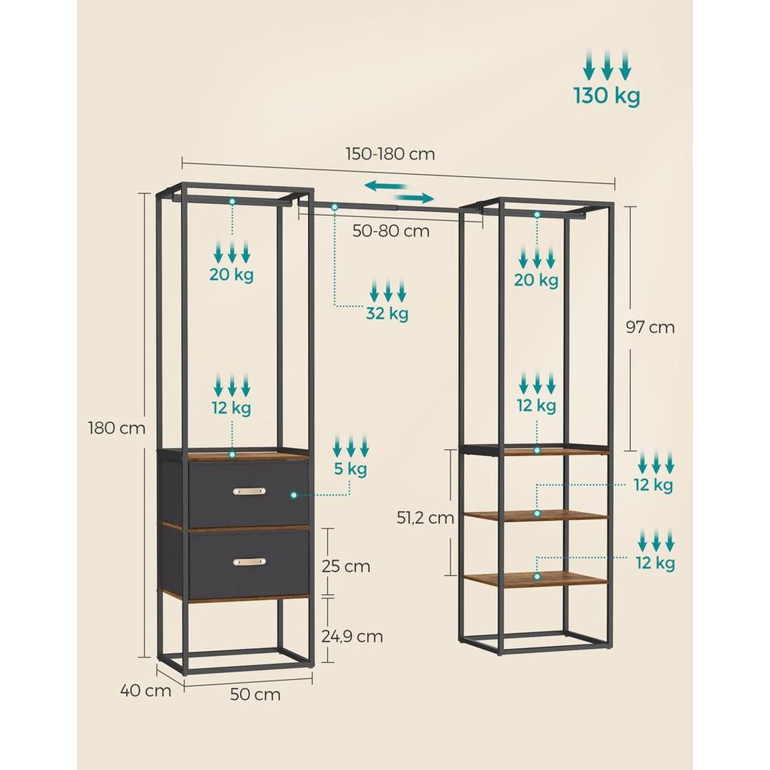 Kledingrek met 2 Lades en 4 Legplanken – Open Garderobekast van Staal en Spaanplaat in Vintage Bruin