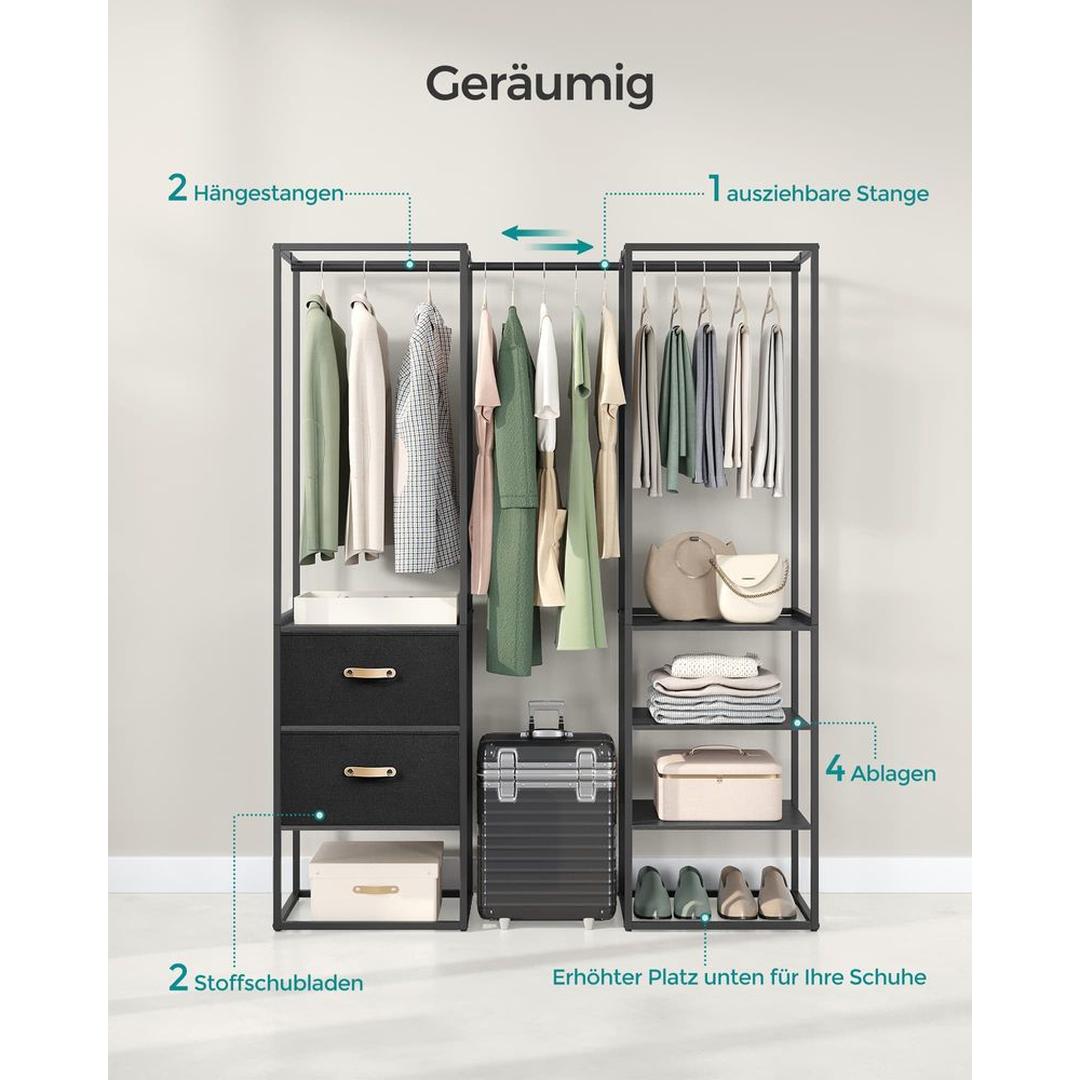 Kledingrek met 2 Lades en 4 Legplanken – Open Garderobekast van Staal en Spaanplaat in Vintage Bruin