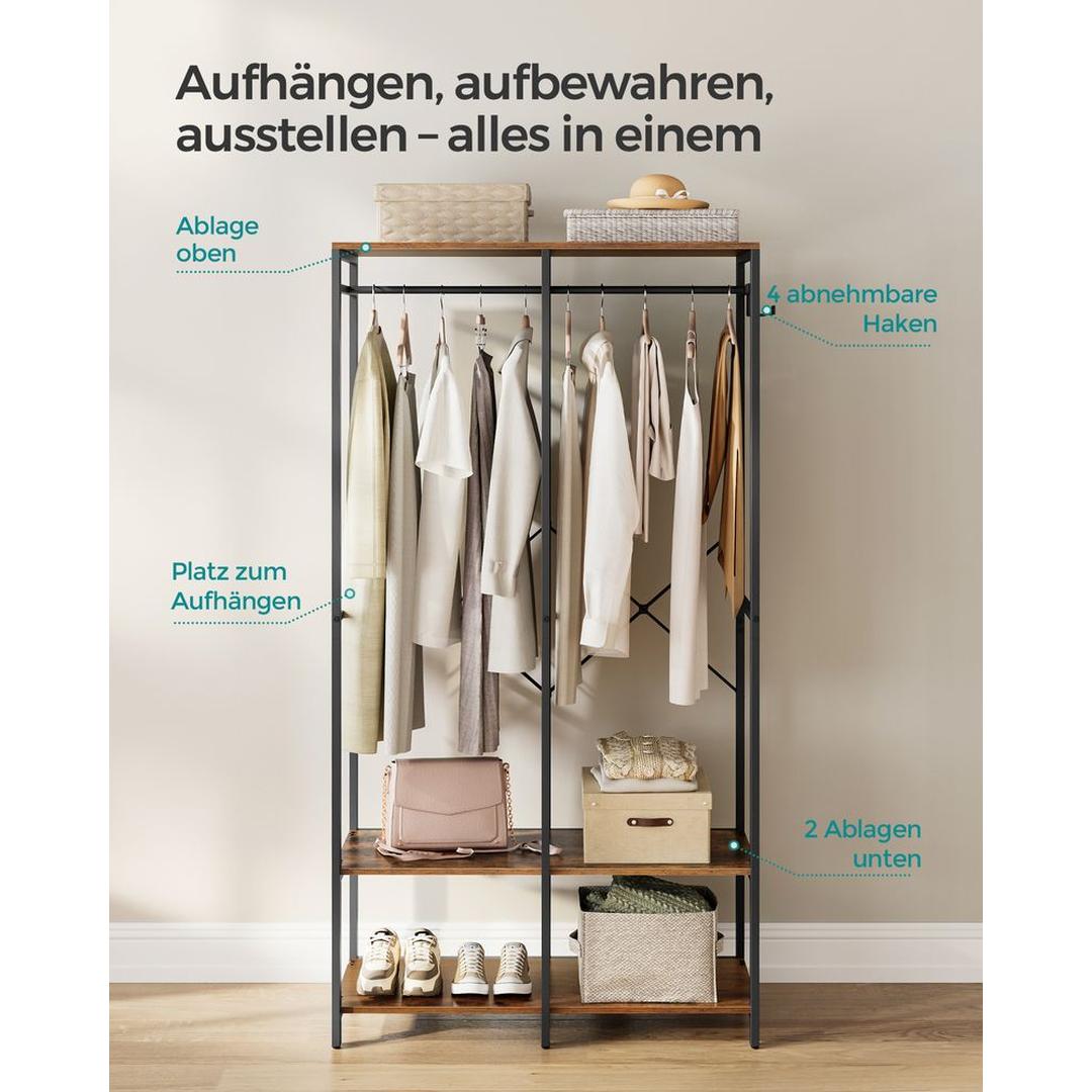Open Garderobekast met Afneembare Haken – Kledingrek met Legplanken en Hanggedeelte van Metaal en Spaanplaat