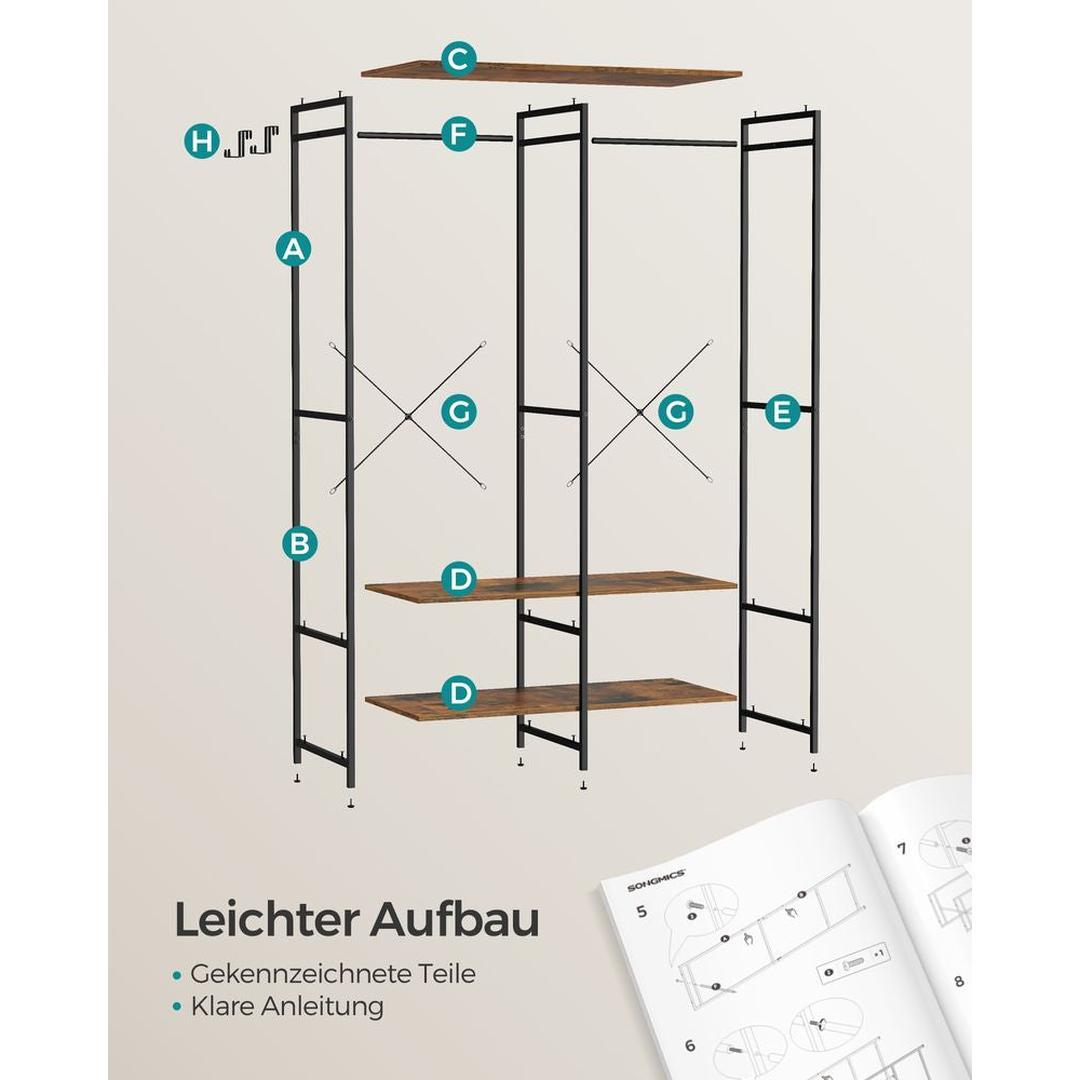 Open Garderobekast met Afneembare Haken – Kledingrek met Legplanken en Hanggedeelte van Metaal en Spaanplaat