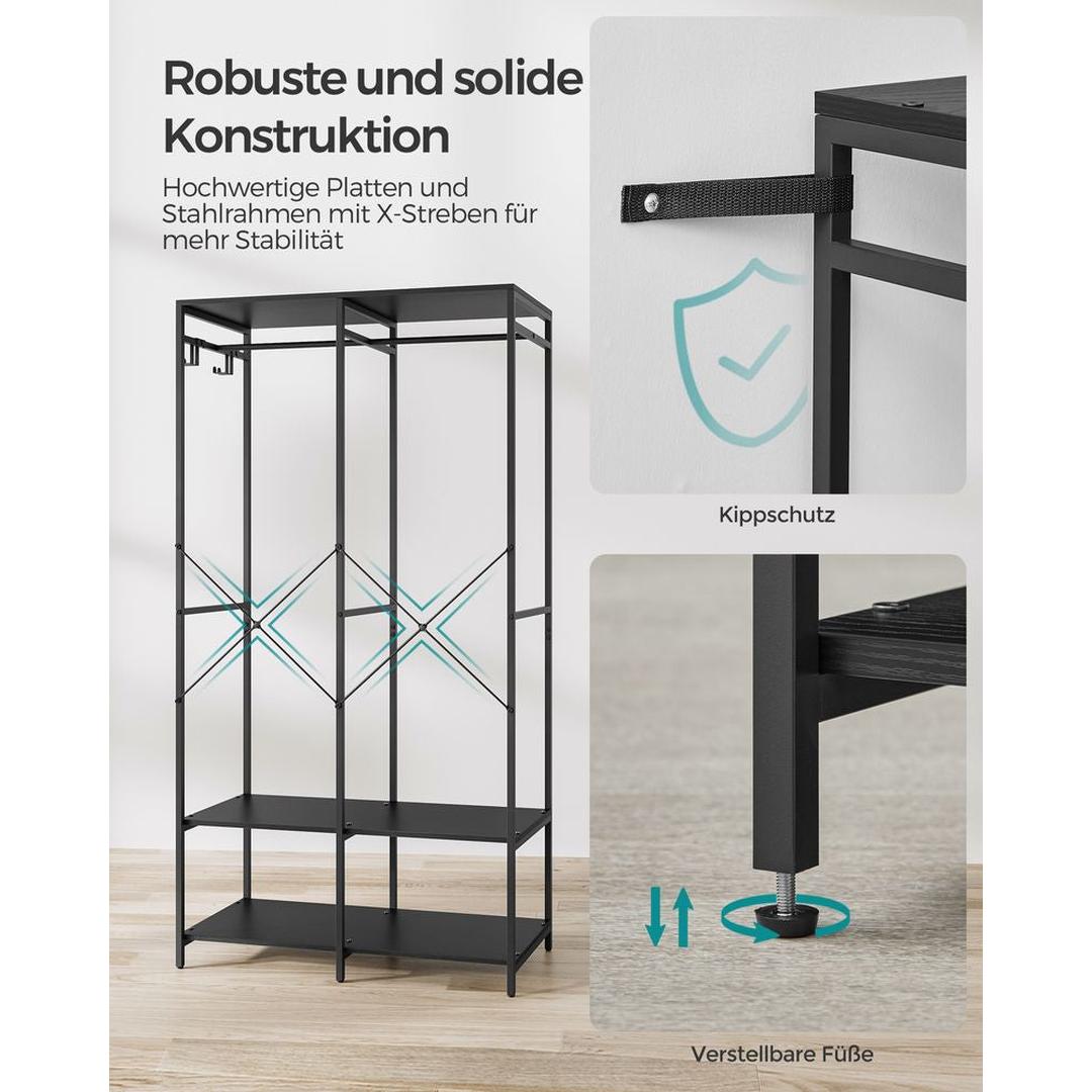 Open Garderobekast met Afneembare Haken – Kledingrek met Legplanken en Hanggedeelte van Metaal en Spaanplaat