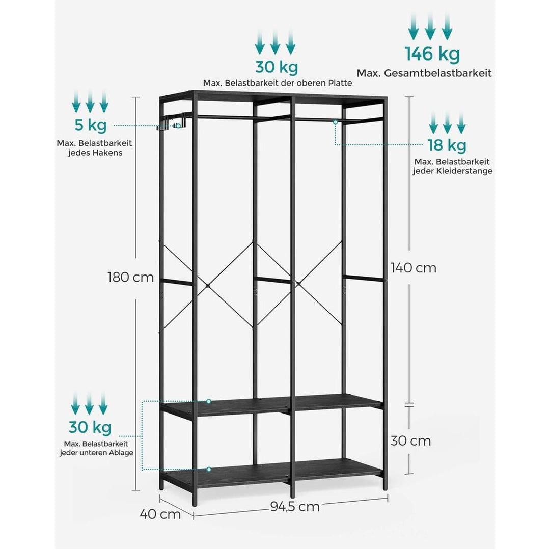 Open Garderobekast met Afneembare Haken – Kledingrek met Legplanken en Hanggedeelte van Metaal en Spaanplaat