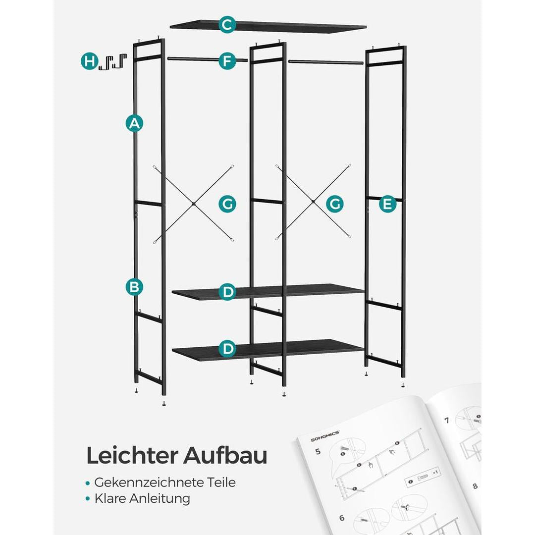 Open Garderobekast met Afneembare Haken – Kledingrek met Legplanken en Hanggedeelte van Metaal en Spaanplaat