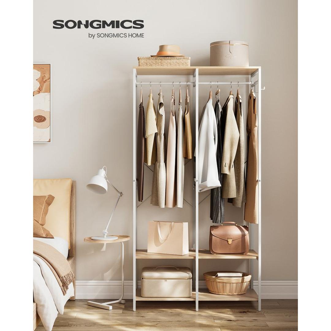 Open Garderobekast met Afneembare Haken – Kledingrek met Legplanken en Hanggedeelte van Metaal en Spaanplaat