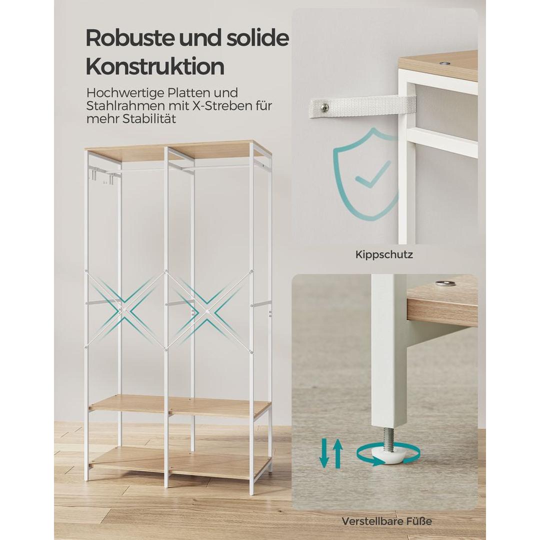 Open Garderobekast met Afneembare Haken – Kledingrek met Legplanken en Hanggedeelte van Metaal en Spaanplaat