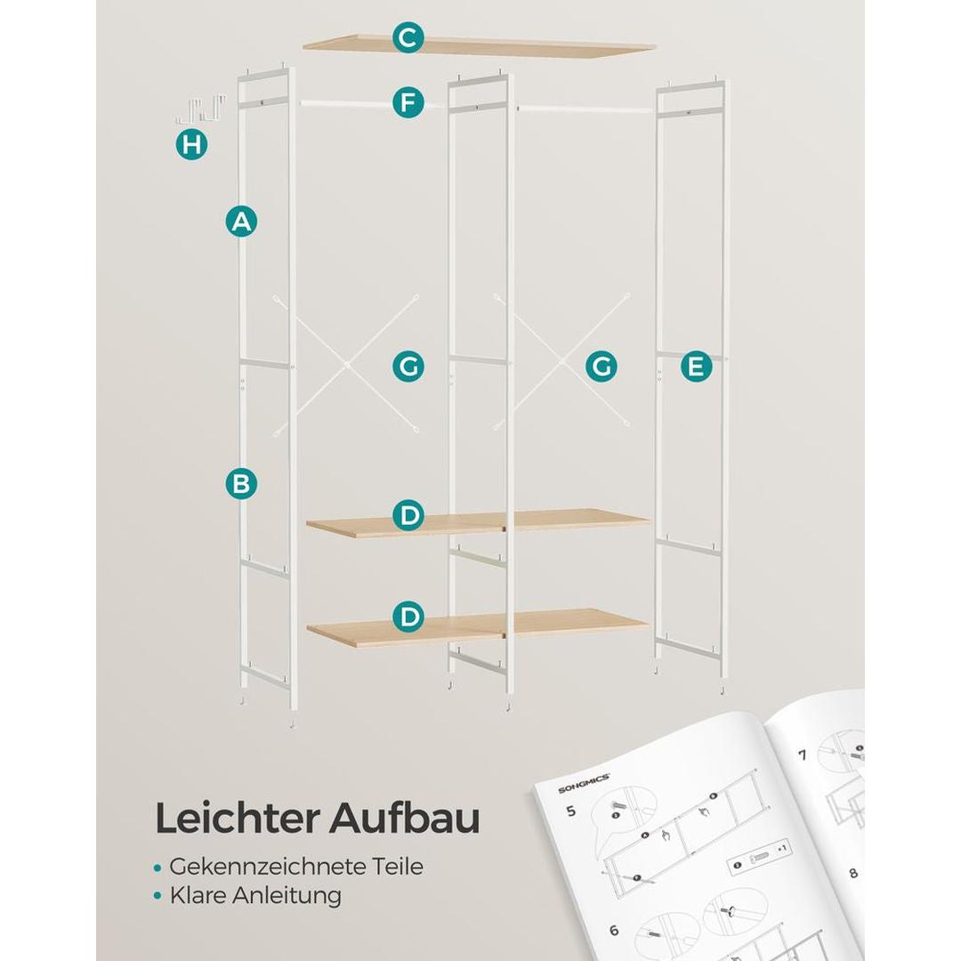 Open Garderobekast met Afneembare Haken – Kledingrek met Legplanken en Hanggedeelte van Metaal en Spaanplaat