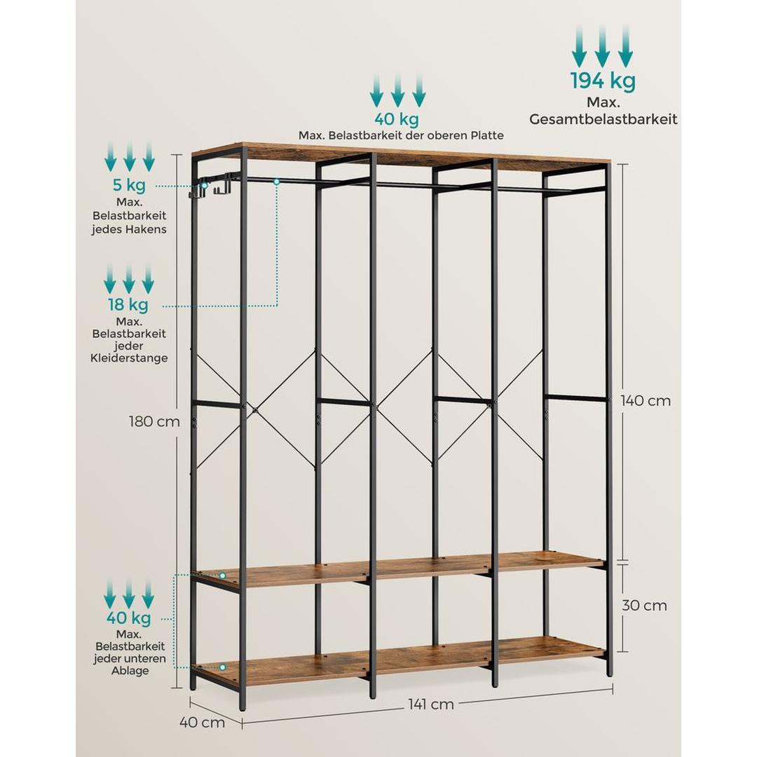 Open Garderobekast met Afneembare Haken – Kledingrek met Legplanken en Hanggedeelte van Metaal en Spaanplaat