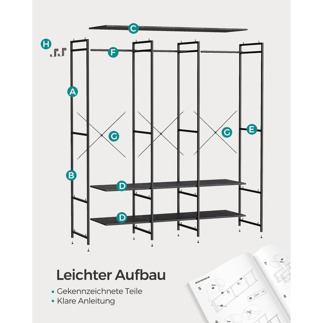 Open Garderobekast met Afneembare Haken – Kledingrek met Legplanken en Hanggedeelte van Metaal en Spaanplaat