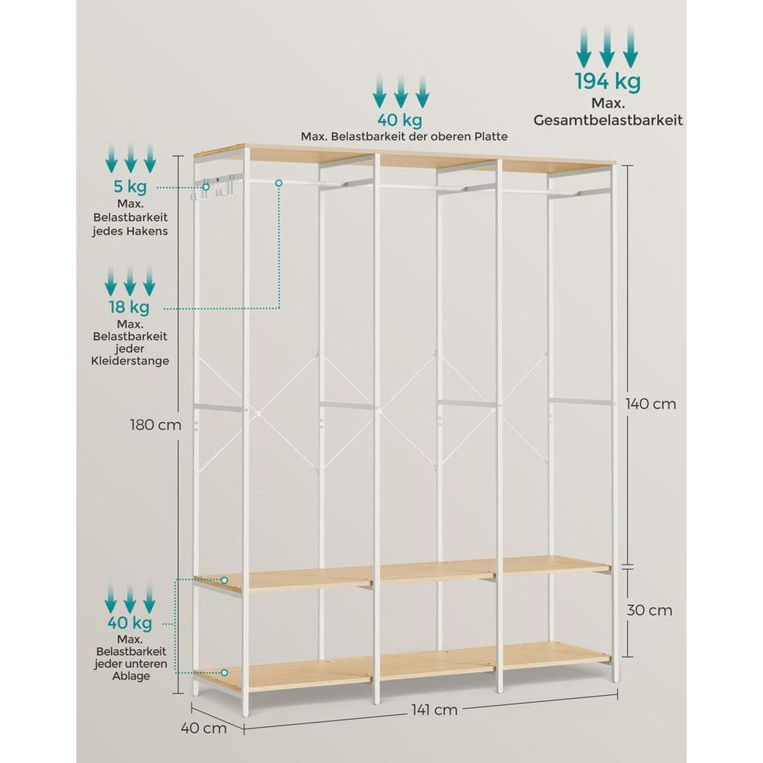 Open Garderobekast met Afneembare Haken – Kledingrek met Legplanken en Hanggedeelte van Metaal en Spaanplaat