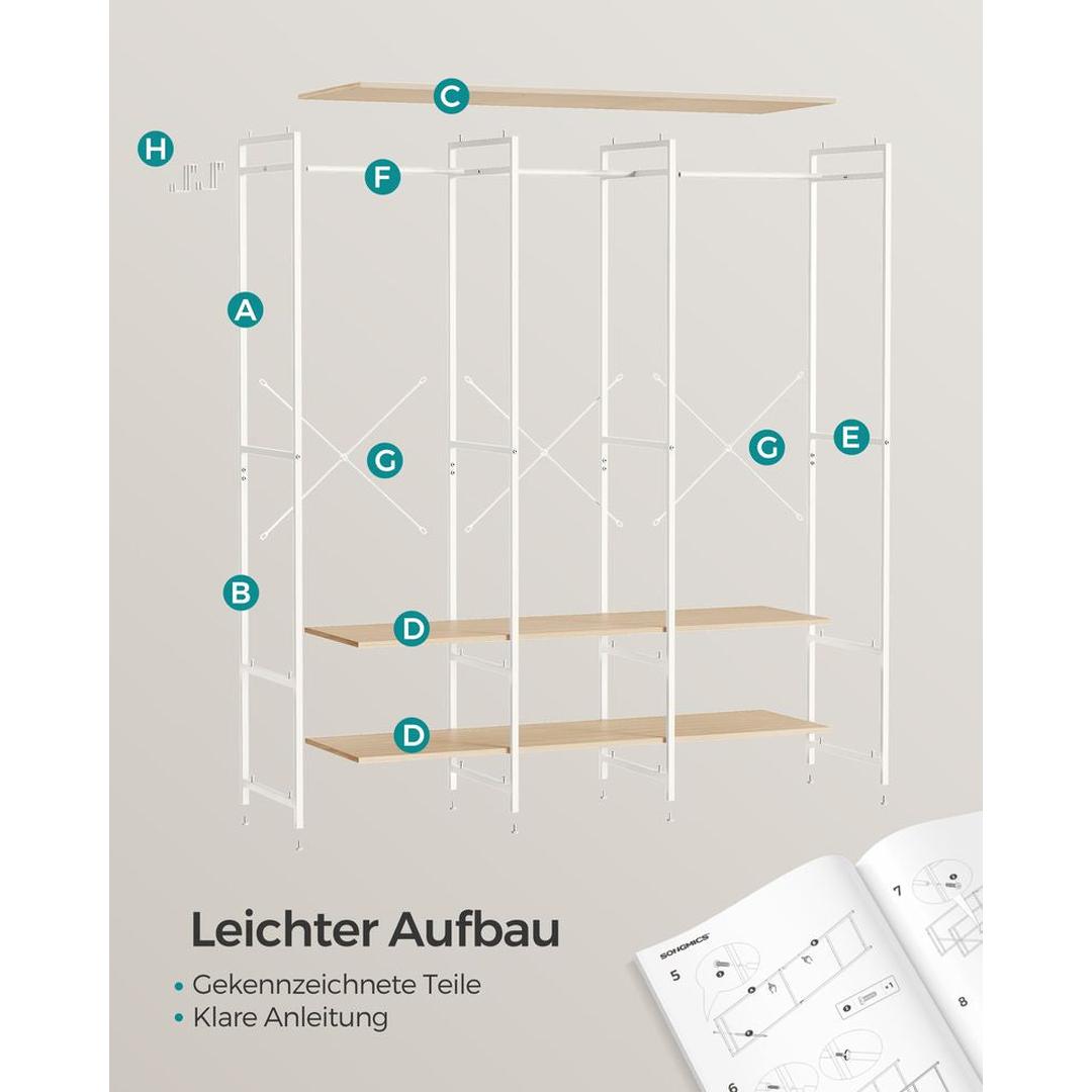 Open Garderobekast met Afneembare Haken – Kledingrek met Legplanken en Hanggedeelte van Metaal en Spaanplaat