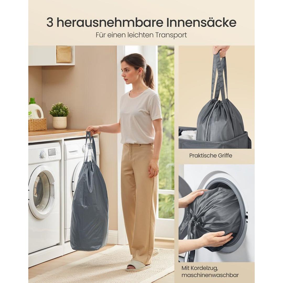 Wasmand met 3 Compartimenten en Afneembare Wasbare Binnenzak – Wasbox met Deksel en Sorteerlabels
