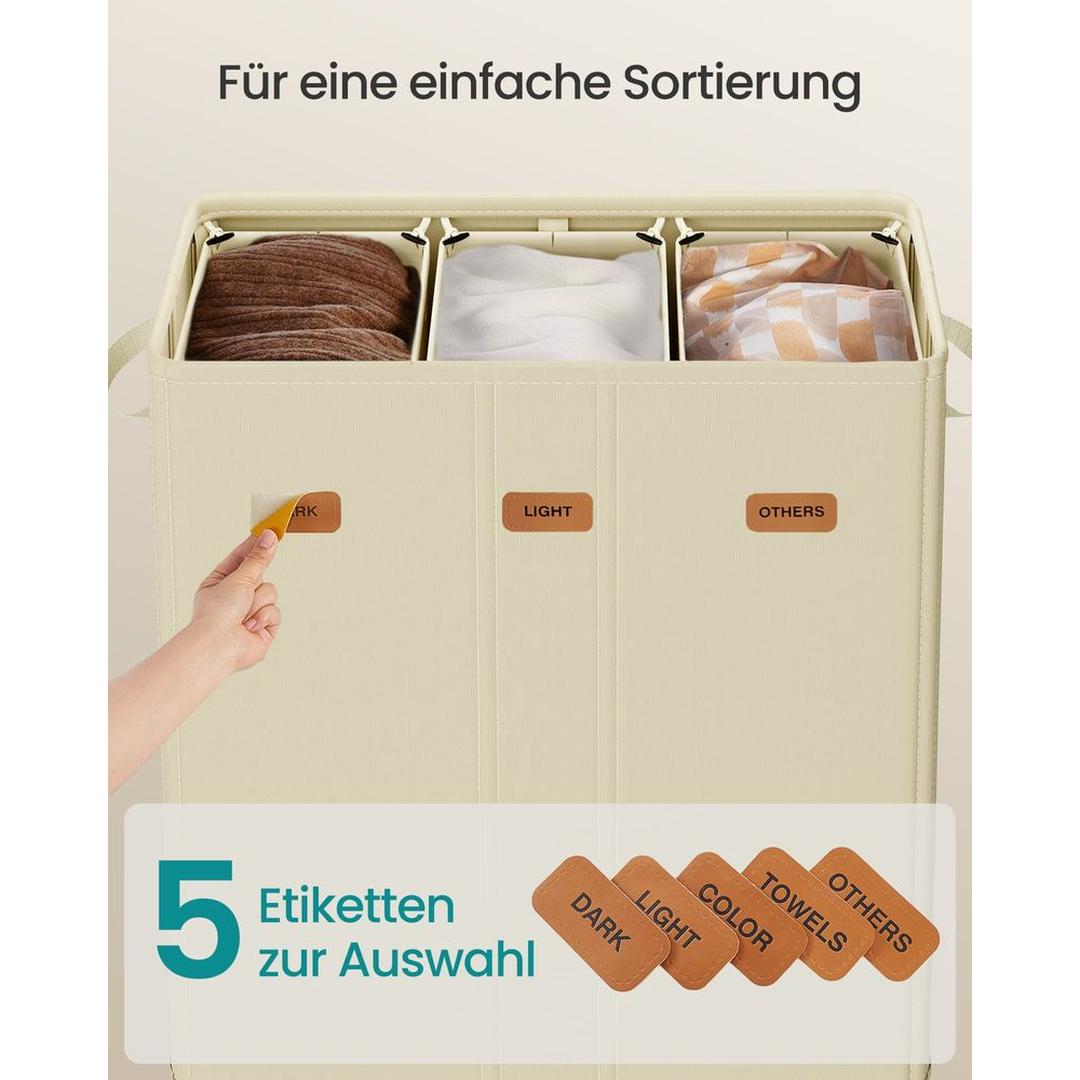 Wasmand met 3 Compartimenten en Afneembare Wasbare Binnenzak – Wasbox met Deksel en Sorteerlabels