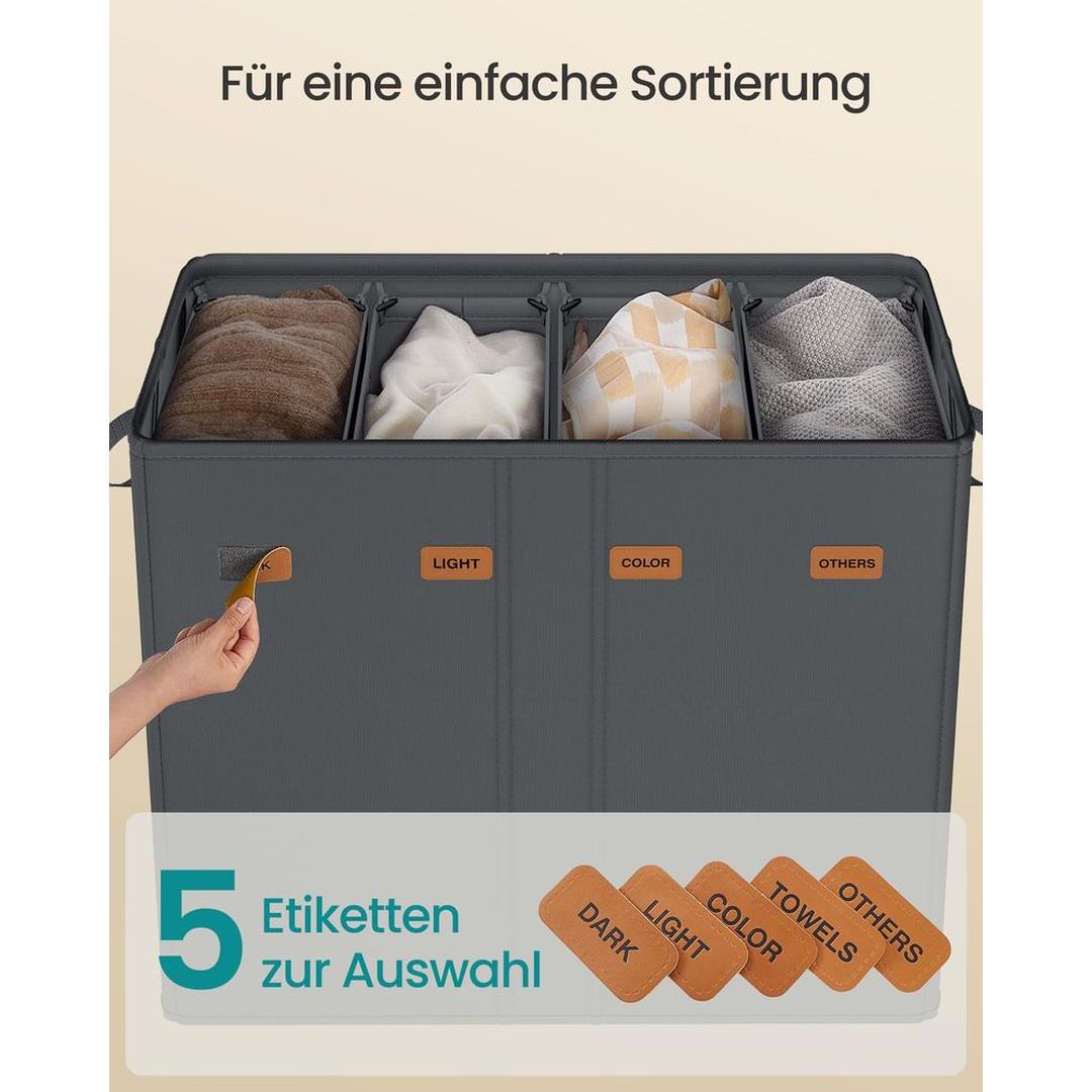 Wasmand met 3 Compartimenten en Afneembare Wasbare Binnenzak – Wasbox met Deksel en Sorteerlabels