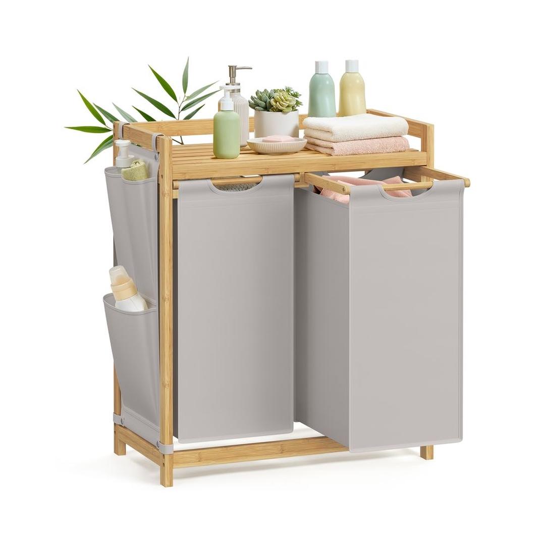 Wasmand met Meerdere Compartimenten – 3-Vaks Wasbox van Bamboe met Opbergplank en Uitneembare Waszakken
