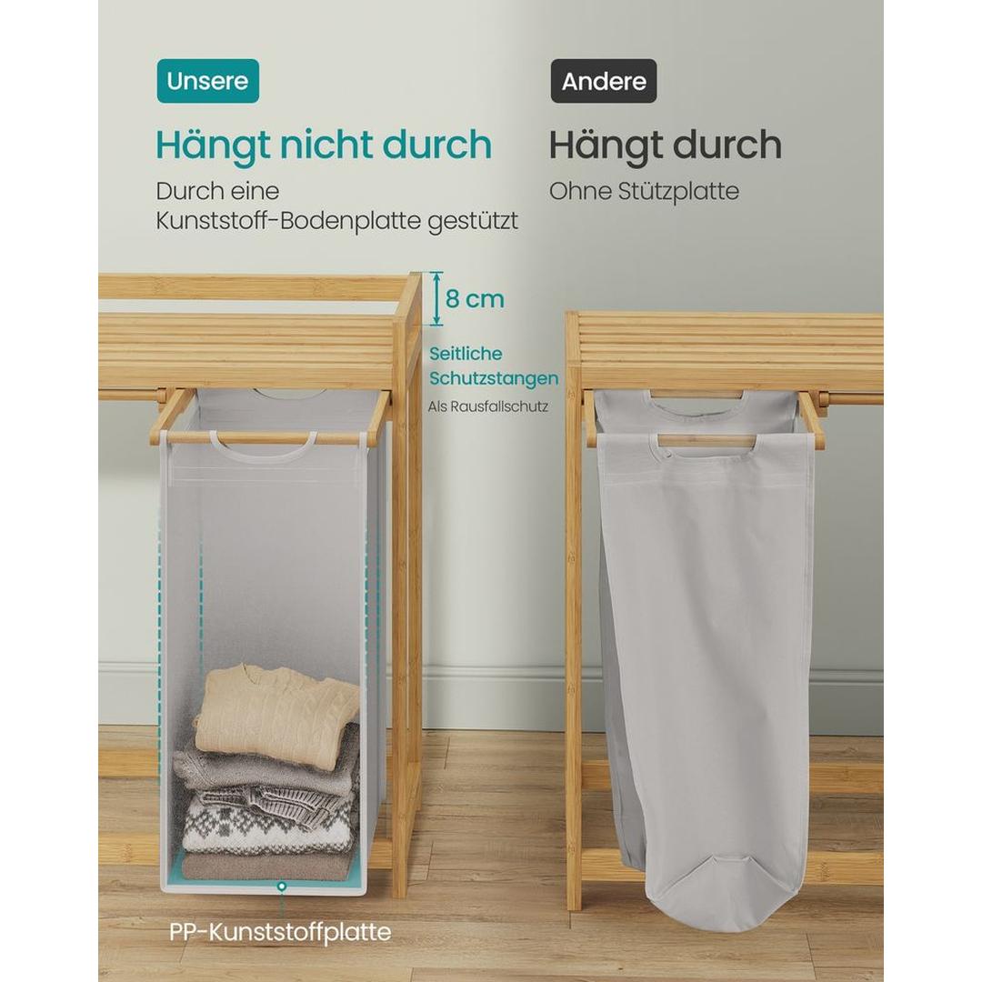 Wasmand met Meerdere Compartimenten – 3-Vaks Wasbox van Bamboe met Opbergplank en Uitneembare Waszakken