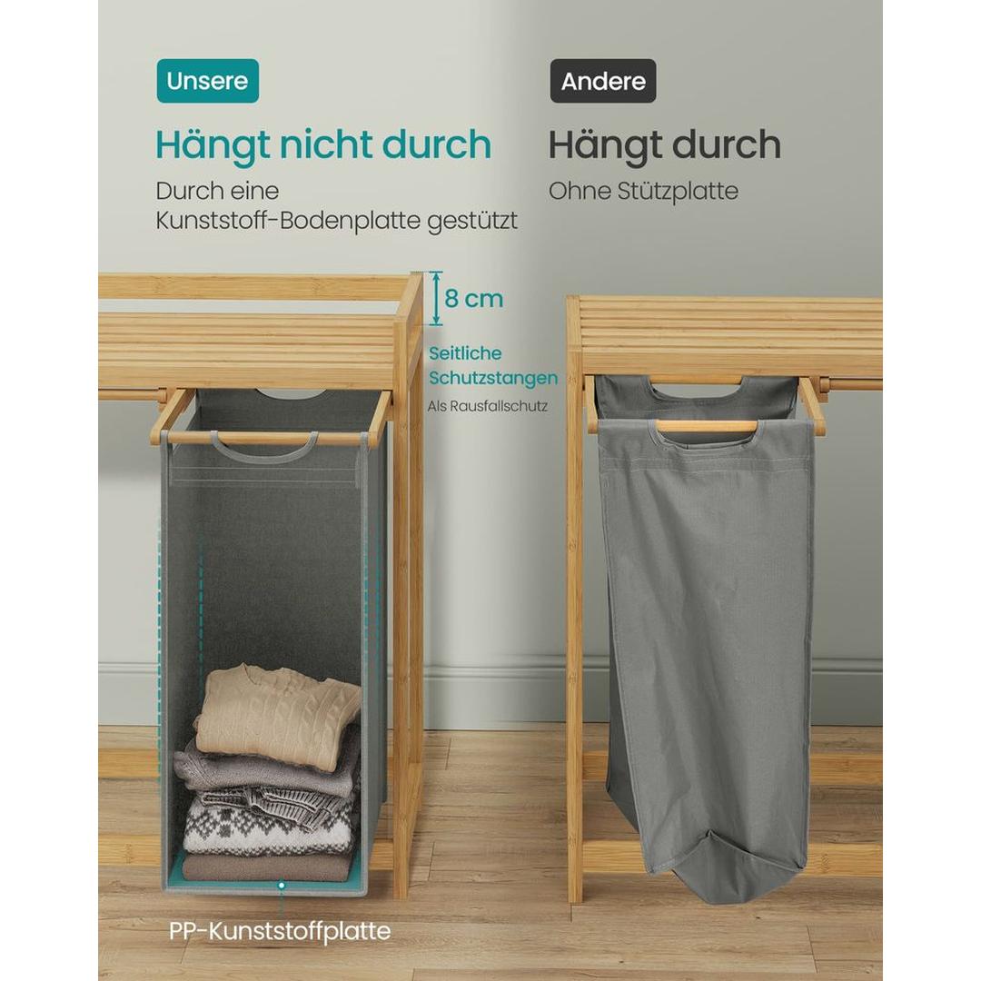 Wasmand met Meerdere Compartimenten – 3-Vaks Wasbox van Bamboe met Opbergplank en Uitneembare Waszakken