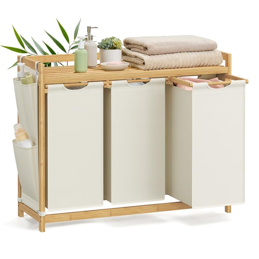 Wasmand met Meerdere Compartimenten – 3-Vaks Wasbox van Bamboe met Opbergplank en Uitneembare Waszakken