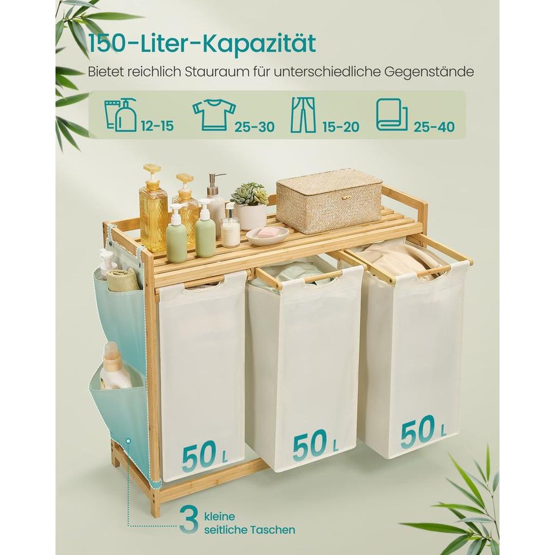 Wasmand met Meerdere Compartimenten – 3-Vaks Wasbox van Bamboe met Opbergplank en Uitneembare Waszakken