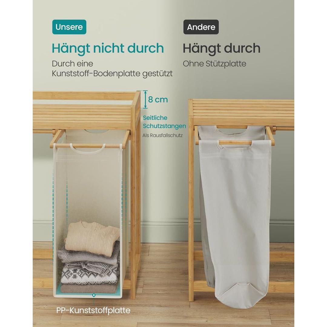 Wasmand met Meerdere Compartimenten – 3-Vaks Wasbox van Bamboe met Opbergplank en Uitneembare Waszakken